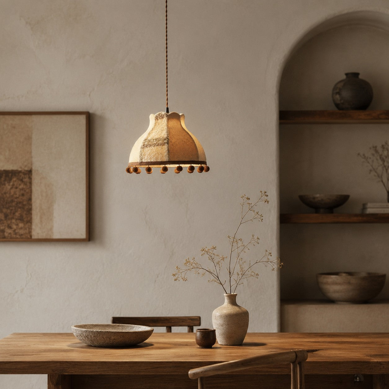 Patchwork Fabric Pom-Pom Pendant Light