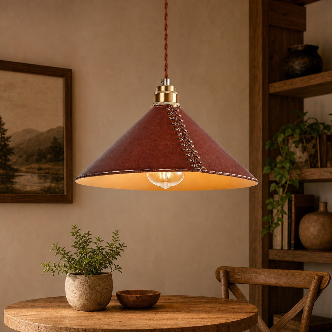 Riveted Conical Leather American Vintage Pendant Lamp for Dining Room and Kitchen