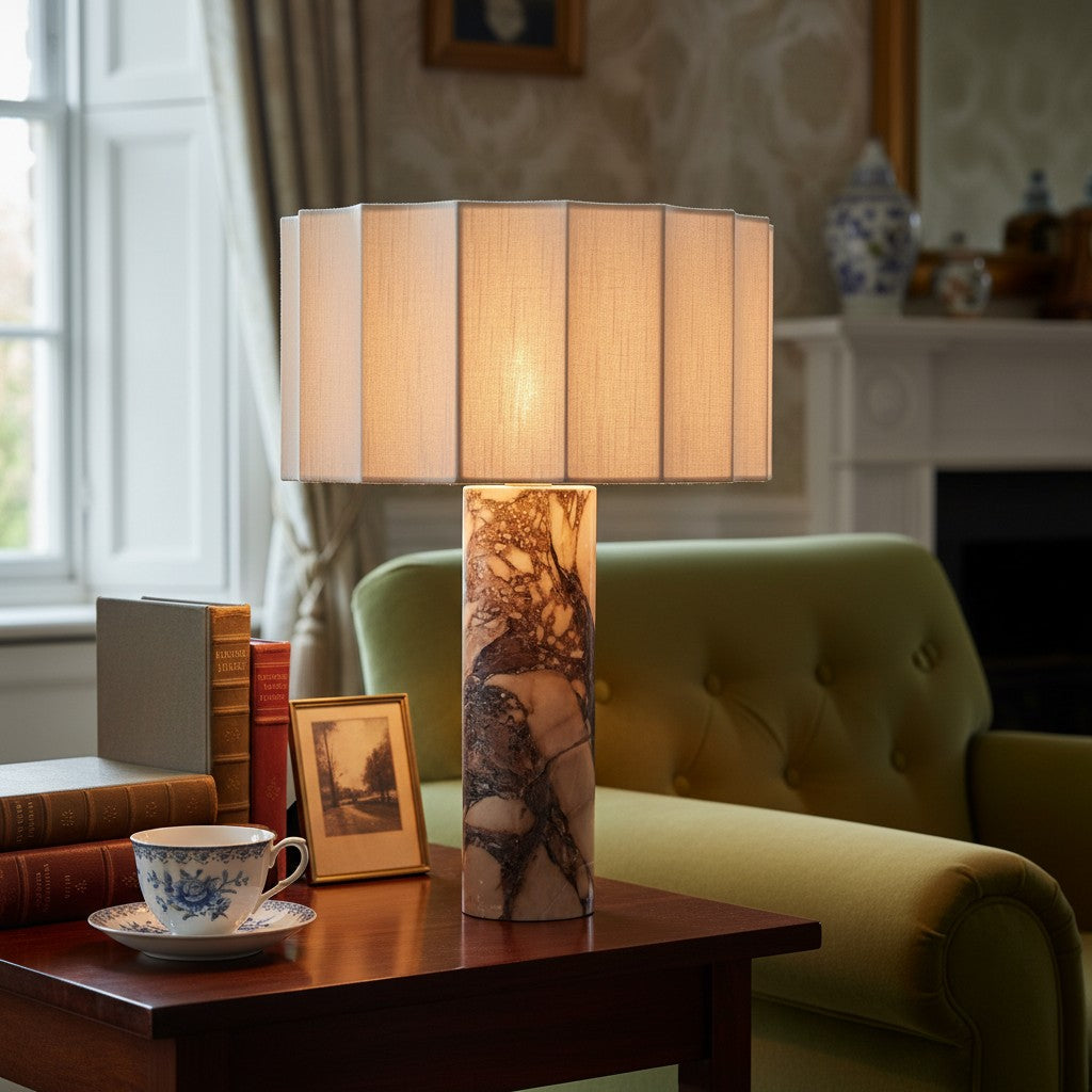 Cavilon Table Lamp with Fan-Shaped Linen Shade - Stone Finishes Suitable for Living Rooms