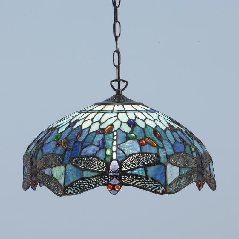 TF Dragonfly Blue Tiffany Pendant Light – Art Nouveau Stained Glass Pendant for Living