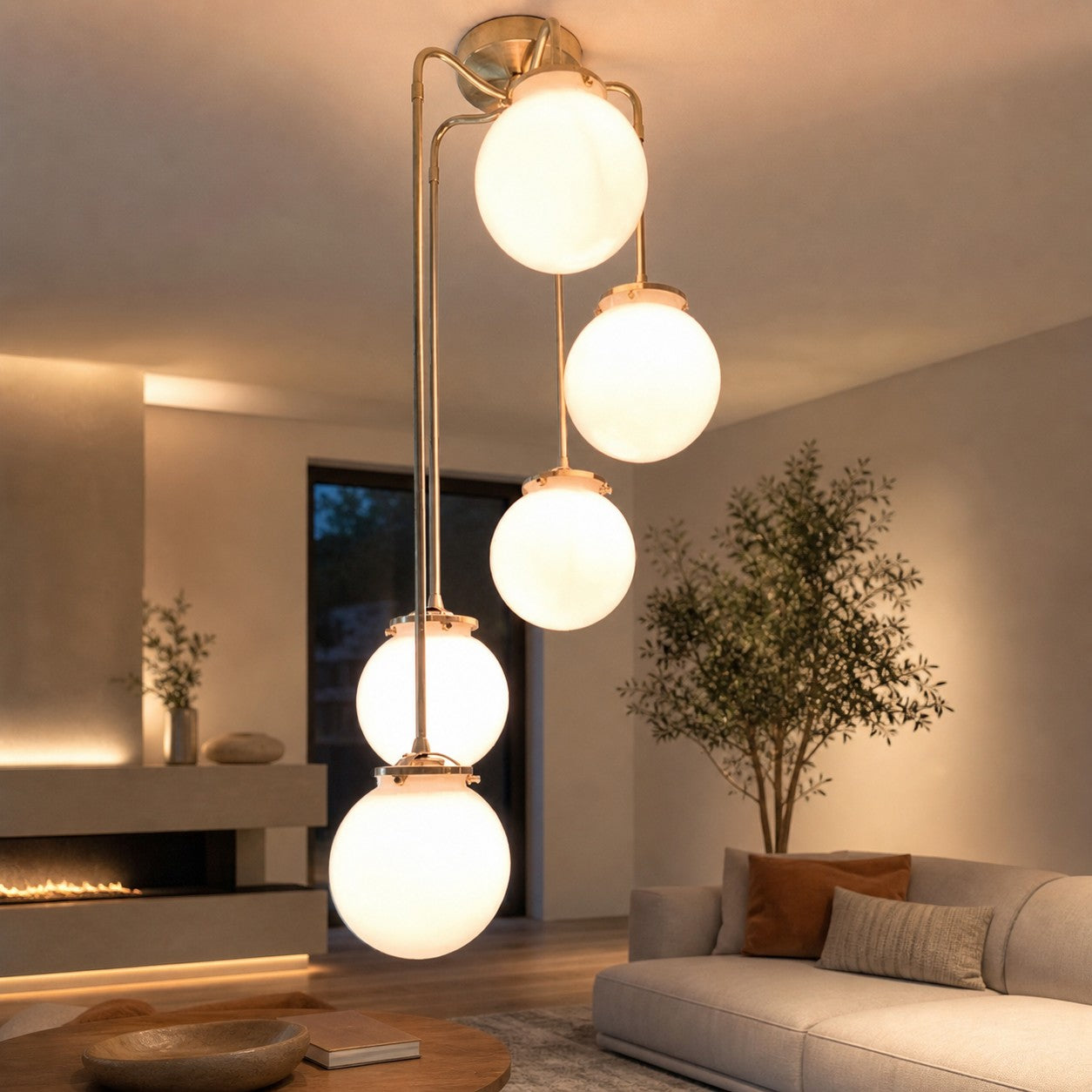 Glorica Glass 5 Globe Chandelier - Brass and Opal Glass Vintage Pendant Light