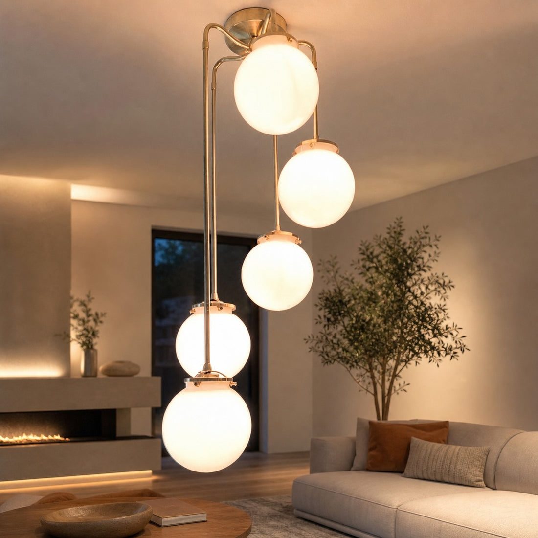 Glorica Glass 5 Globe Chandelier - Brass and Opal Glass Vintage Pendant Light