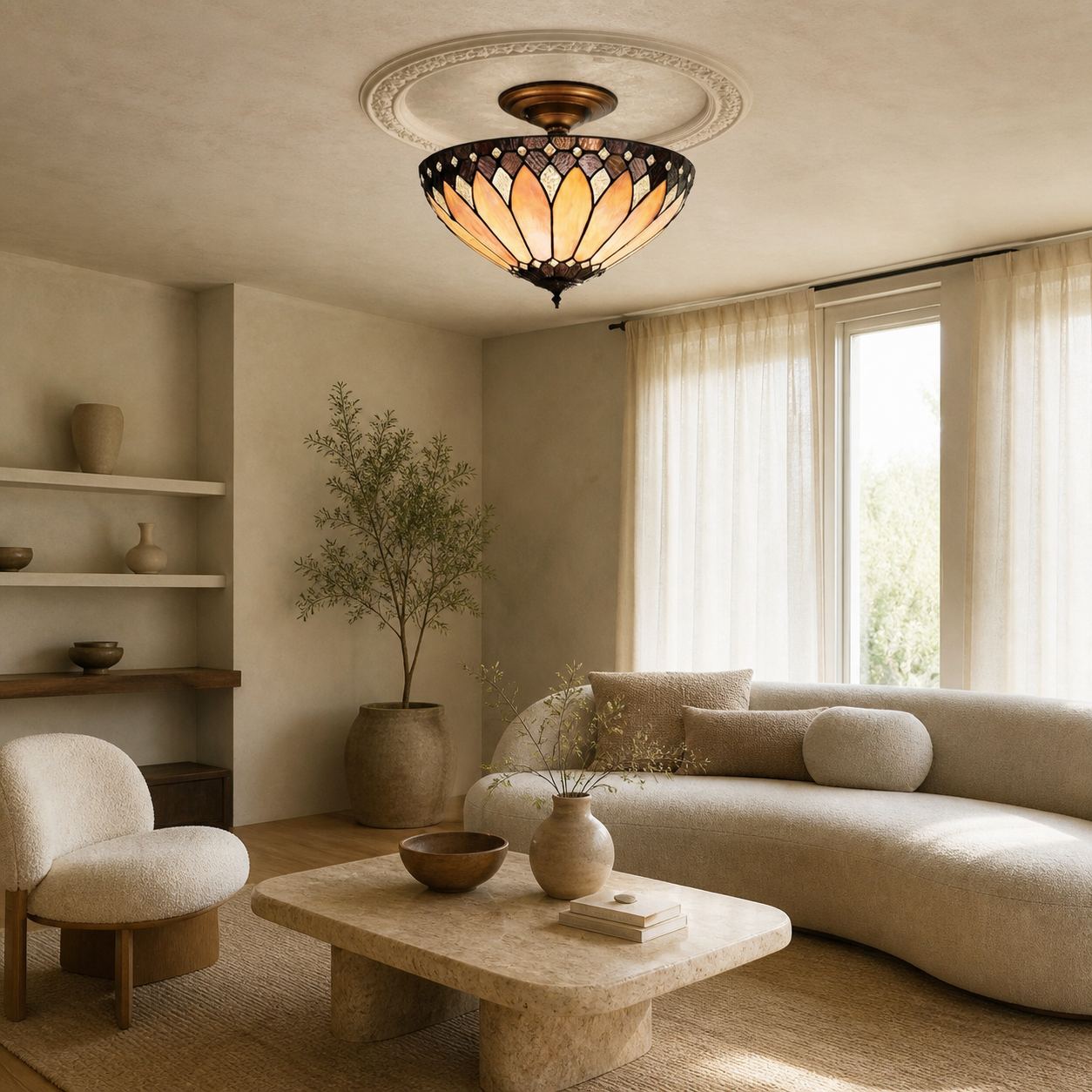 TF Brooklyn Tiffany Semi-flush Ceiling Light - Geometric Glass Shade for Hallways or Living Rooms