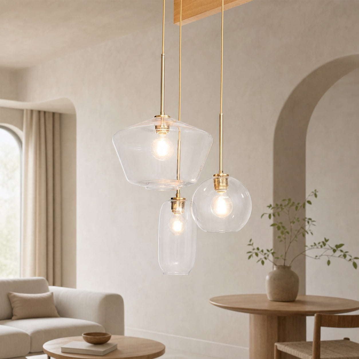 Merin Mixed Sculpture Glass and Metal Triple Chandelier