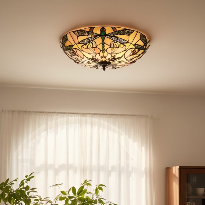 TF Ashton Tiffany Dragonfly Motif Tiffany Glass Flush Surface Mount - Transitional Style for Bedrooms and Lounge Spaces