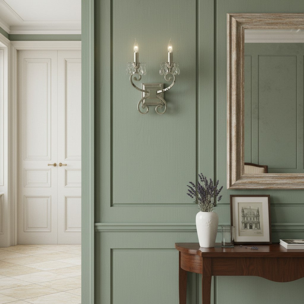 Talonis Crystal Accent Wall Light – Curved Chrome Arm Design for Living and Hallway Spaces