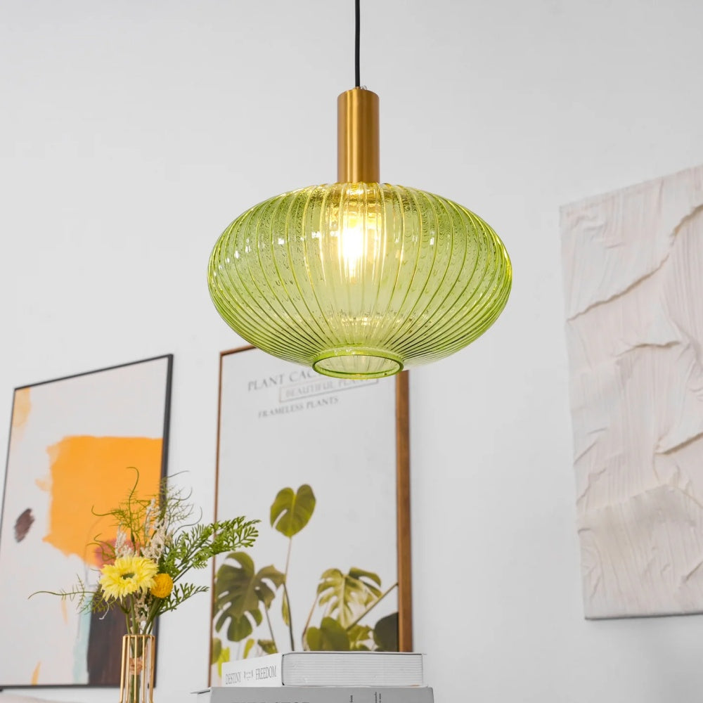 Ribbed Stained Glass Pendant Lamp – Retro Lantern Shape Hanging Light