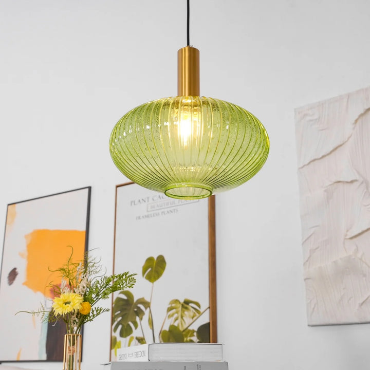 Ribbed Stained Glass Pendant Lamp – Retro Lantern Shape Hanging Light