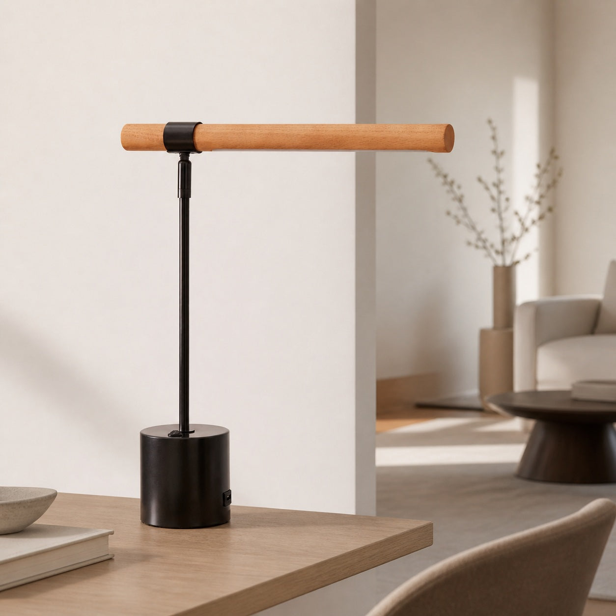 Moss Modern Linear Wood LED Table Lamp – Adjustable Swivel, USB Charging