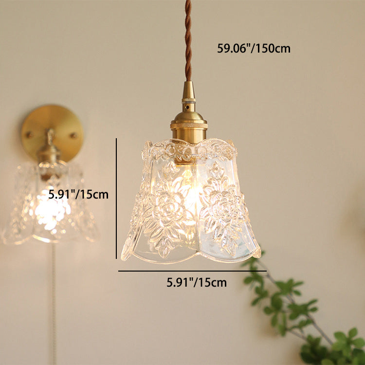 Traditional Japanese Brass Walnut Glass Ceramic Cylinder Conic Flower Bowl 1-Light Pendant Light For Dining Room