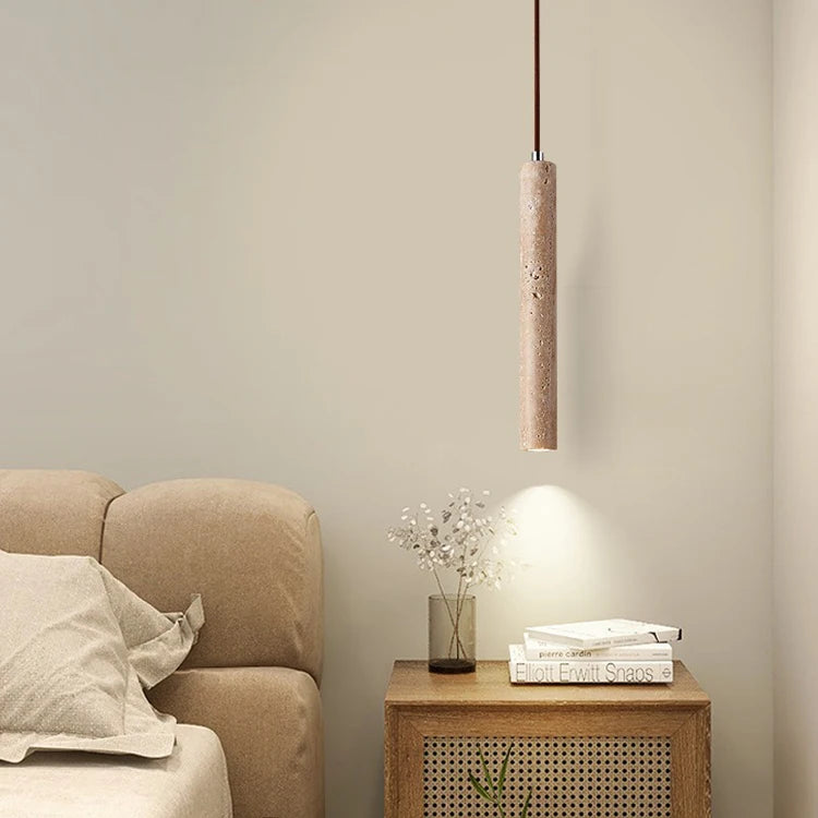 Japanese Wabi Sabi Yellow Travertine Cylinder 1-Light Pendant Light