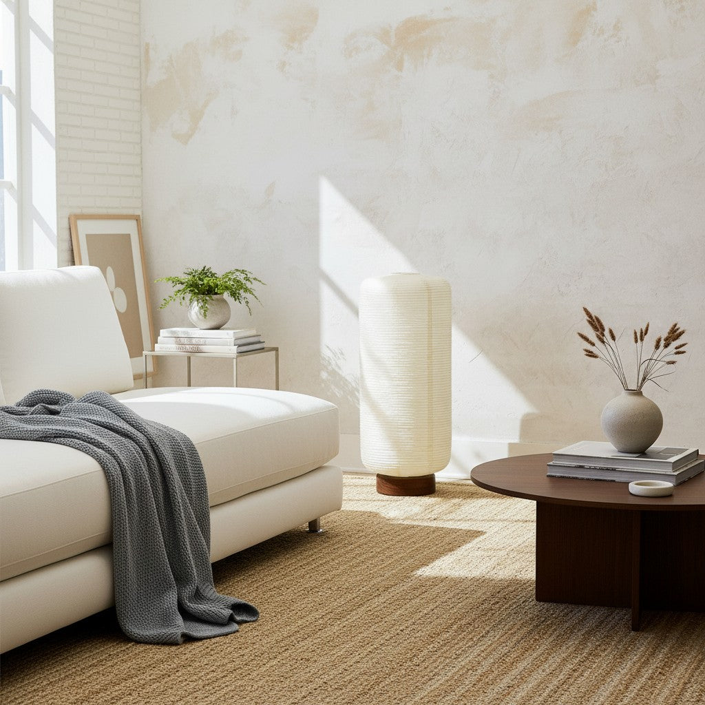 Tivo Minimalist Ribbed Floor Lamp - Simple solid wood base with paper lampshade suitable for living room and bedroom