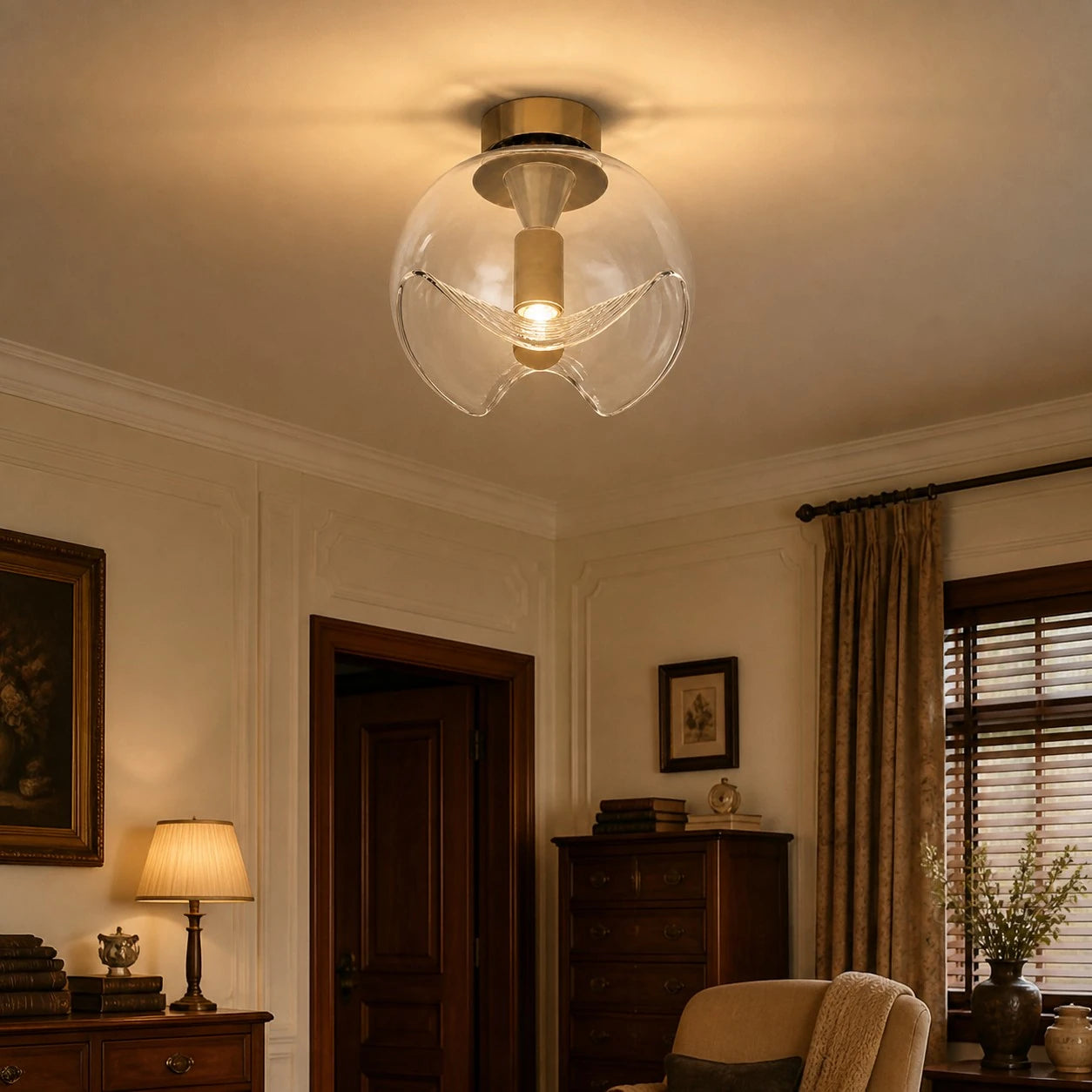 Gold and Clear ceiling light in a traditional bedroom