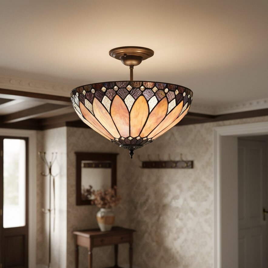 TF Brooklyn Tiffany Semi-flush Ceiling Light - Geometric Glass Shade for Hallways or Living Rooms