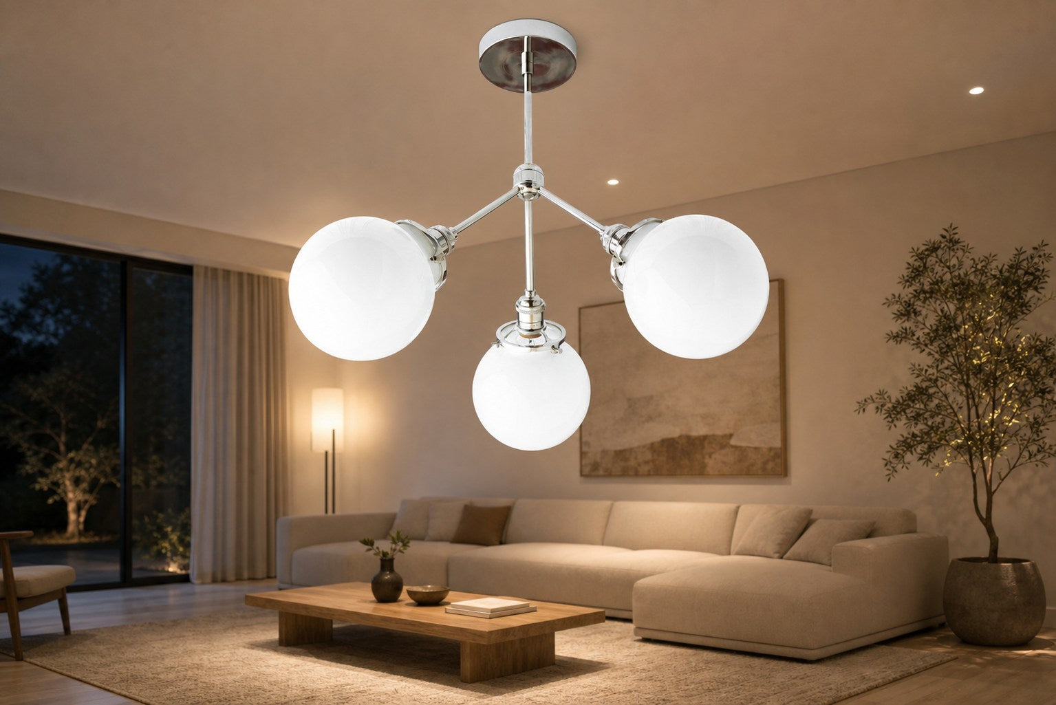 Glorica Glass Chandelier - Brass Globe Ceiling Light with Opal Shade