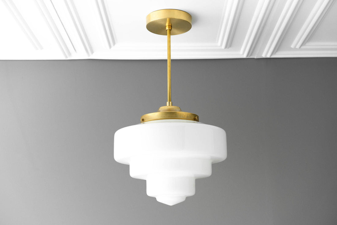 Geotower Glass Brass Pendant Light – Art Deco Opal Globe Ceiling Fixture