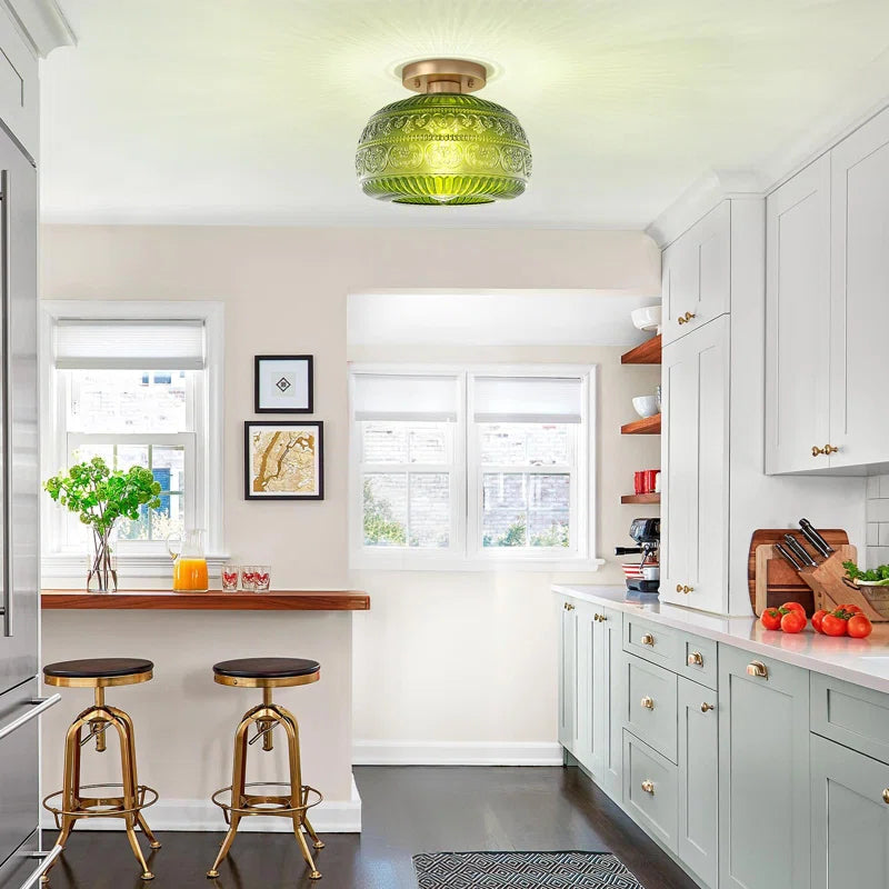 Vintage Glass Semi Flush Mount Ceiling Light with Flora Engraved Pattern