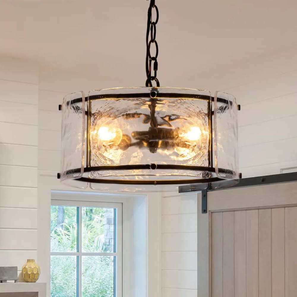 Water Ripple Drum Pendant Light - Matte Black Clear Glass 3-Light Chandelier