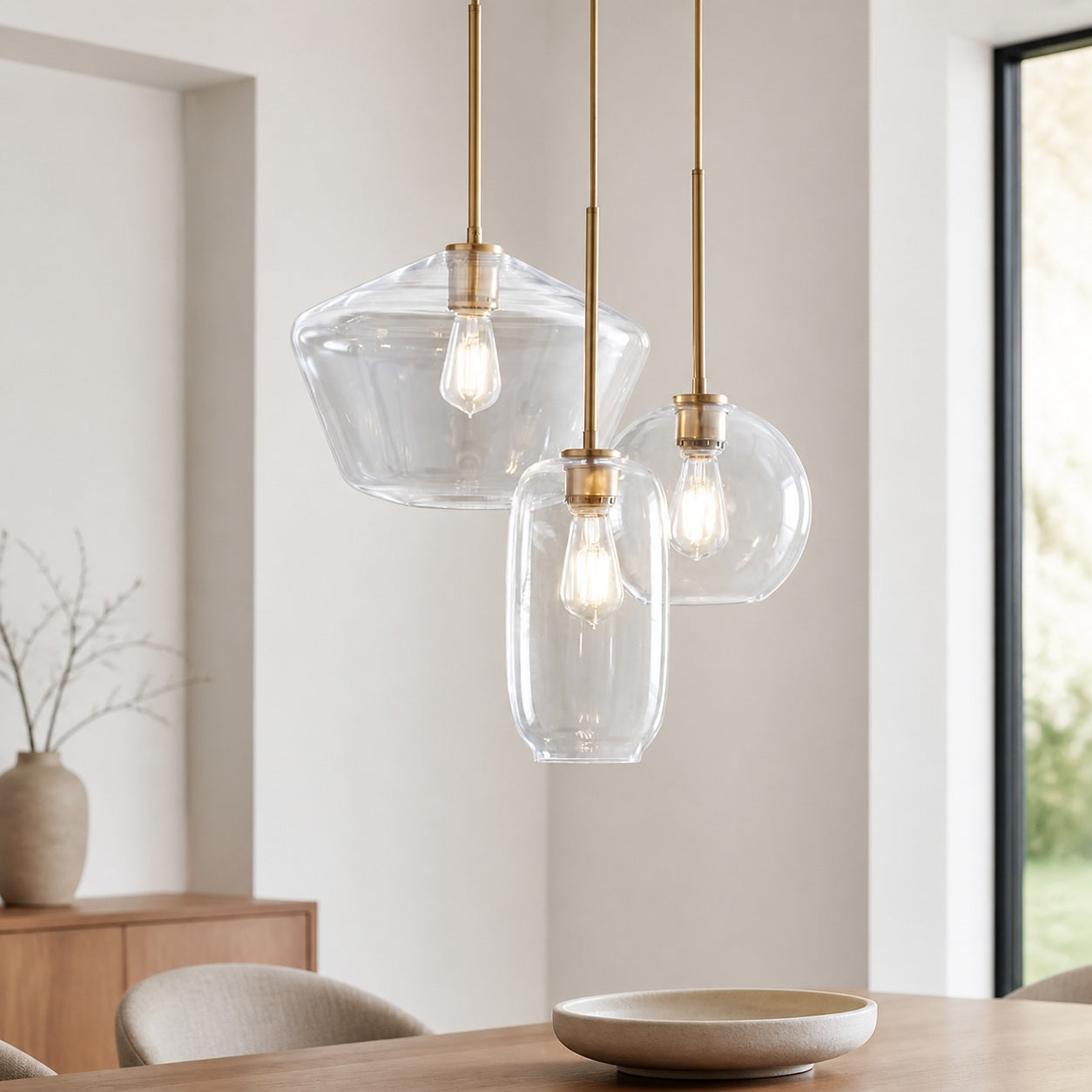 Merin Mixed Sculpture Glass and Metal Triple Chandelier