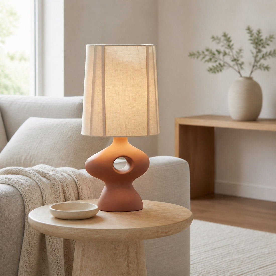 Pryssa Ceramic Table Lamp with Ivory Linen Shade -  Artistic Lighting for Living Room or Bedroom