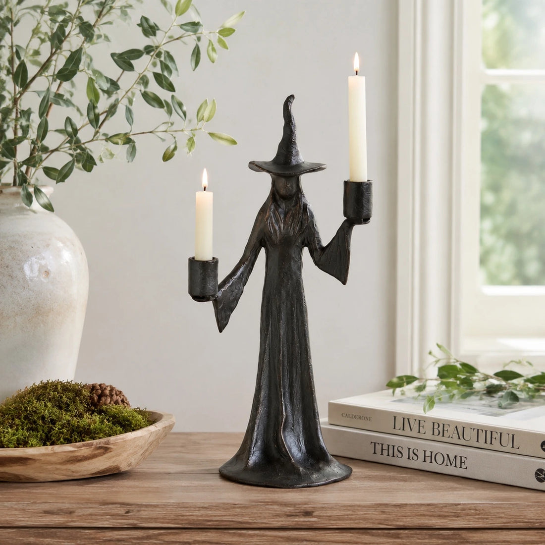 Double Candle Aura candlestick with lit taper candles