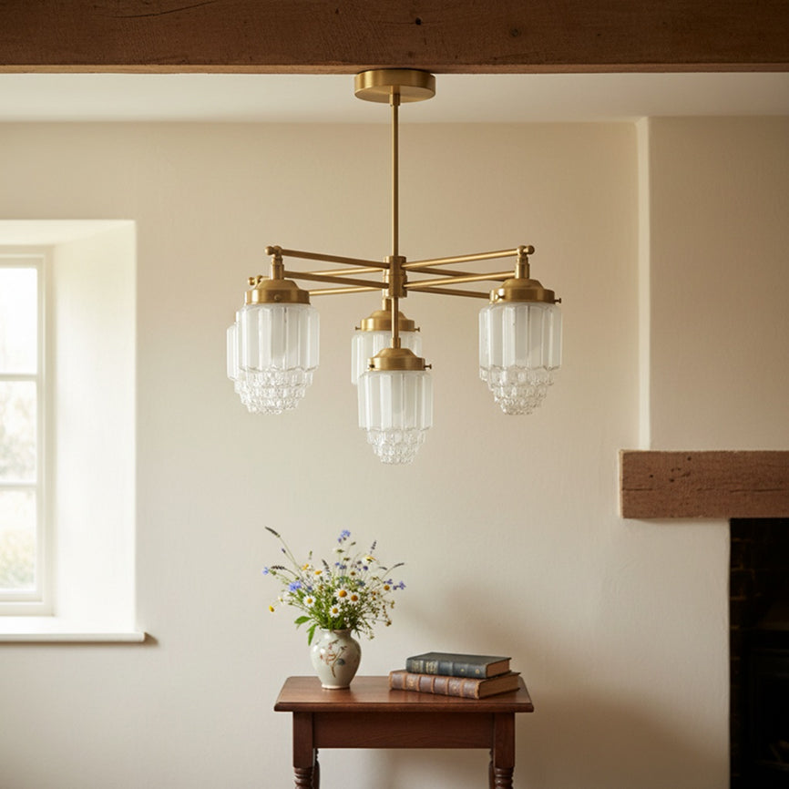 Tierlux Glass Chandelier – Vintage Brass Globe Lighting Fixture