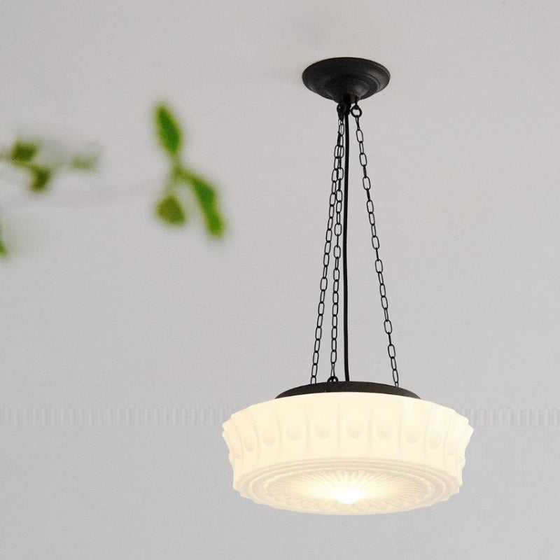 Vintage Cream Glass Cylinder Shade Chandelier with Iron