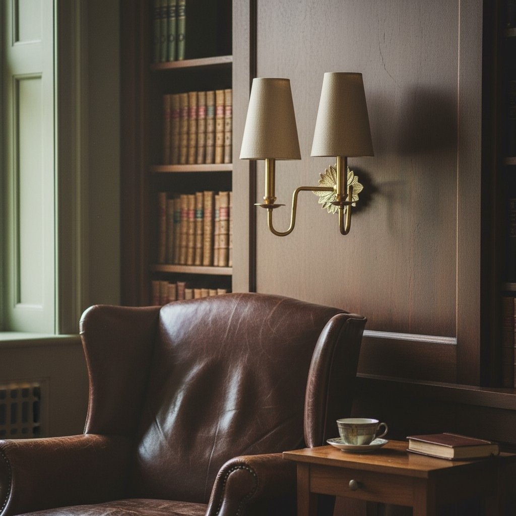 Duova Double Sconce – Antique Brass Metal and Linen Shades for Bedroom or Study