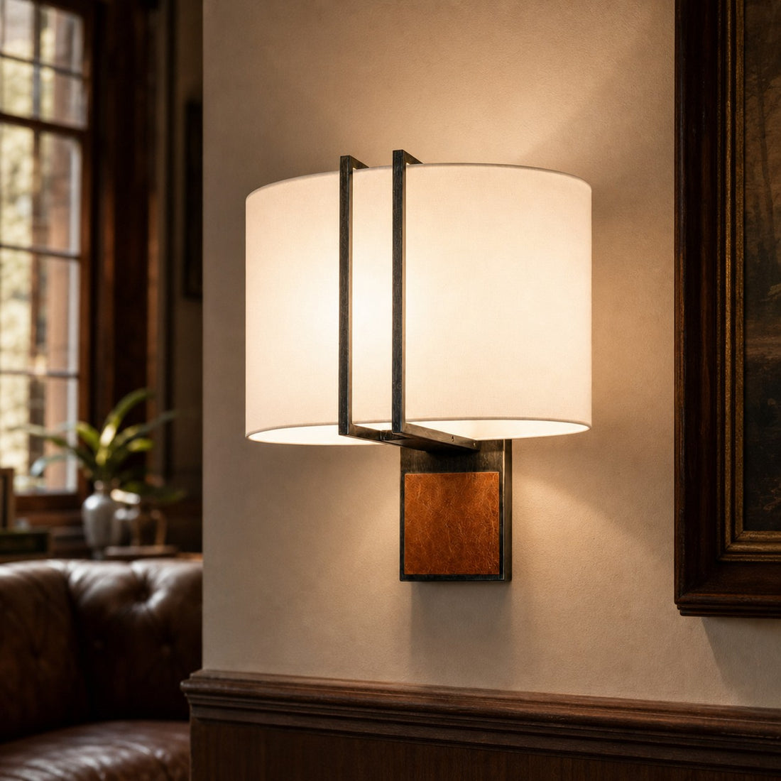 Shade B leather and fabric wall lamp with integrated switch