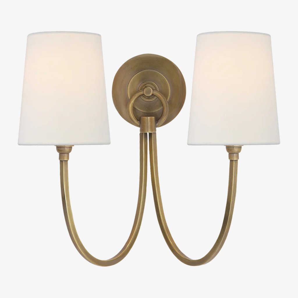 Roven Modern Double Wall Sconce with Curved Arms and Fabric Shades – Classic Accent Lighting for Bedroom