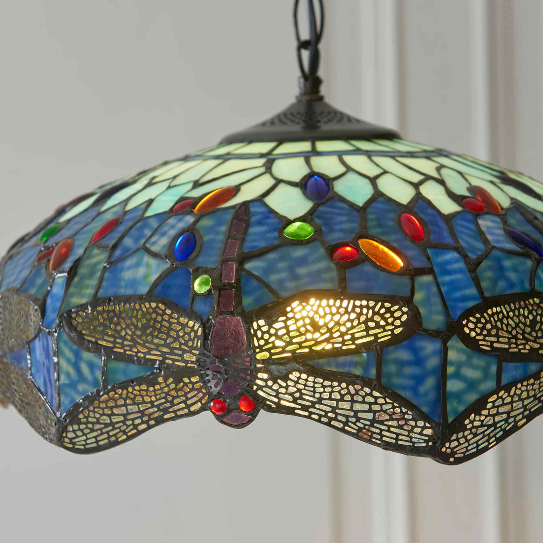 TF Dragonfly Blue Tiffany Pendant Light – Art Nouveau Stained Glass Pendant for Living