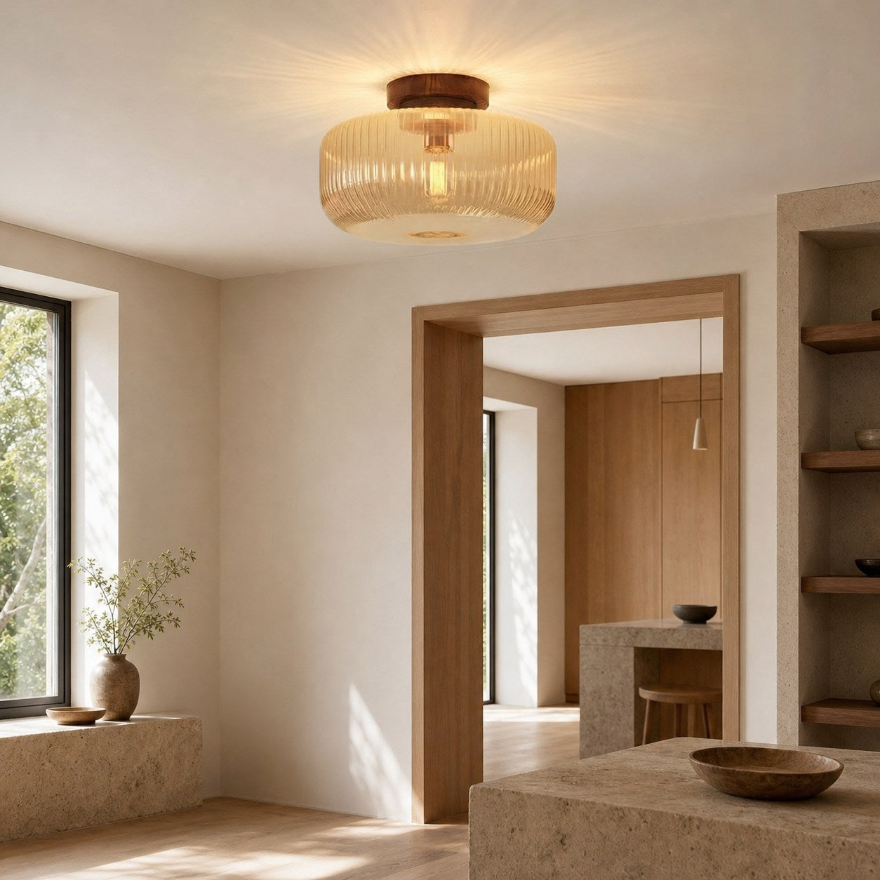 Amberflow Retro Amber Fluted Glass Ceiling Light – Round Flush Mount for Hallways and Entryways