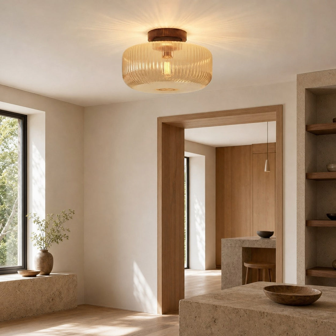 Amberflow Retro Amber Fluted Glass Ceiling Light – Round Flush Mount for Hallways and Entryways