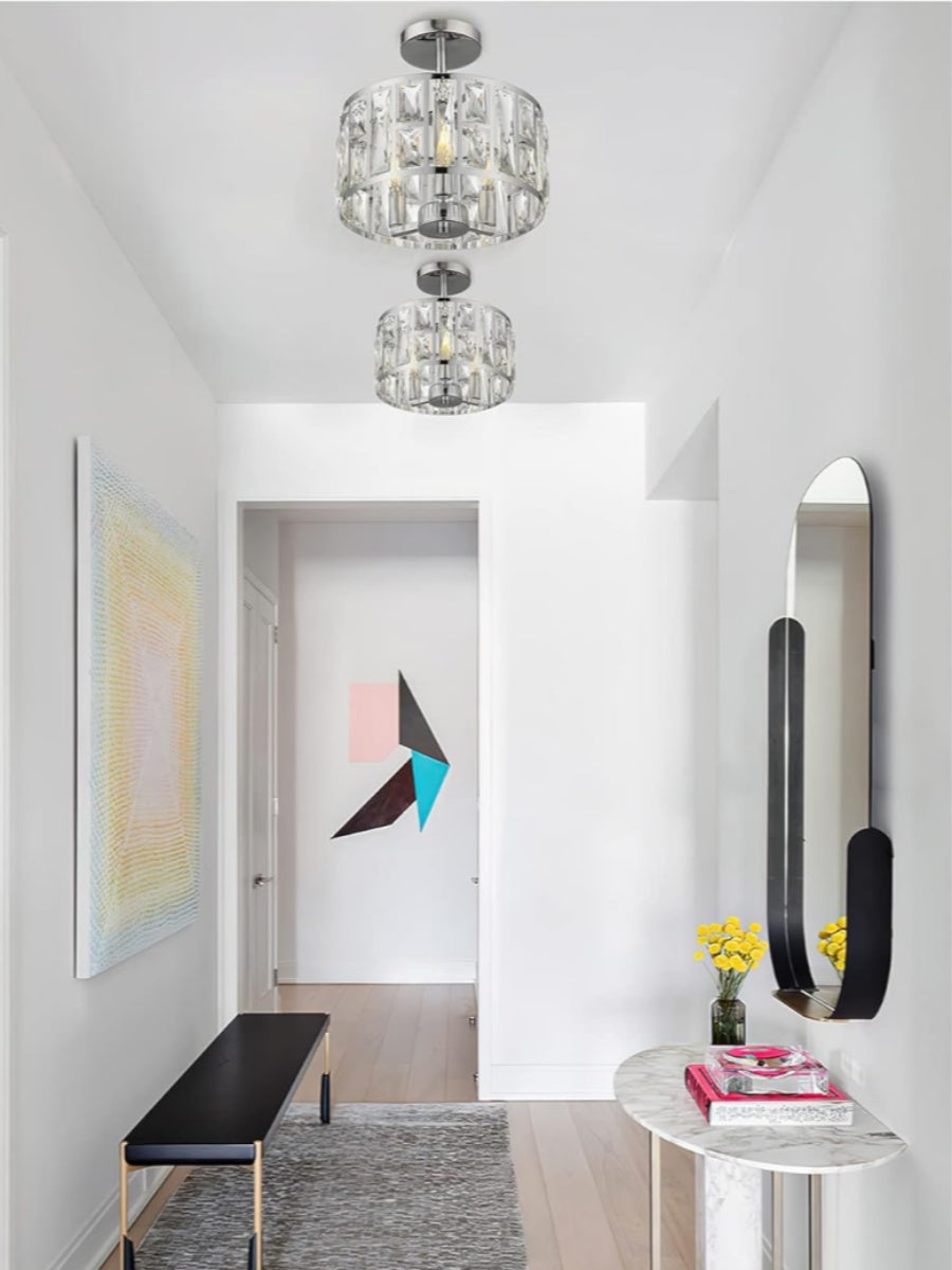 Industrial  Crystal Drum Ceiling Lamp - Entrance Glass Flush Mount Light