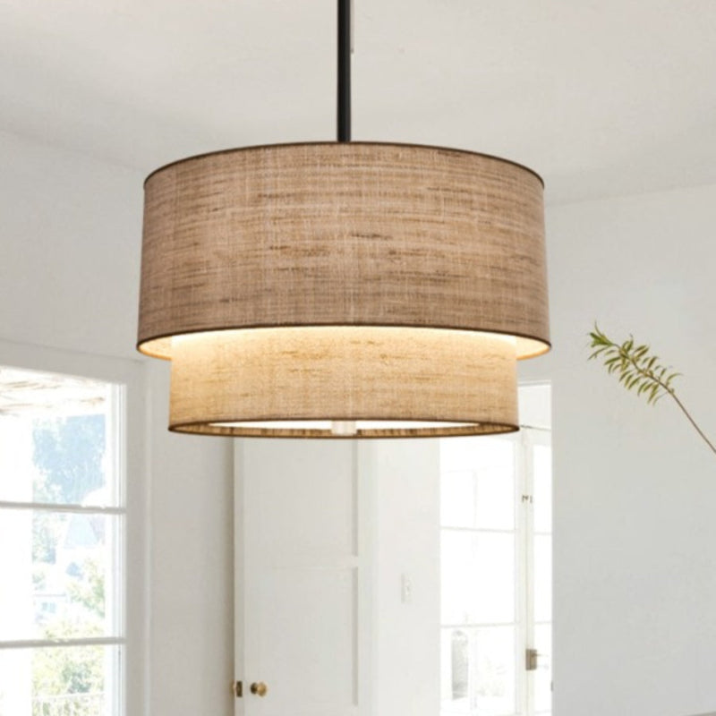 Double Fabric Drum Linen Pendant Lamp – Rustic Light for Dining Room