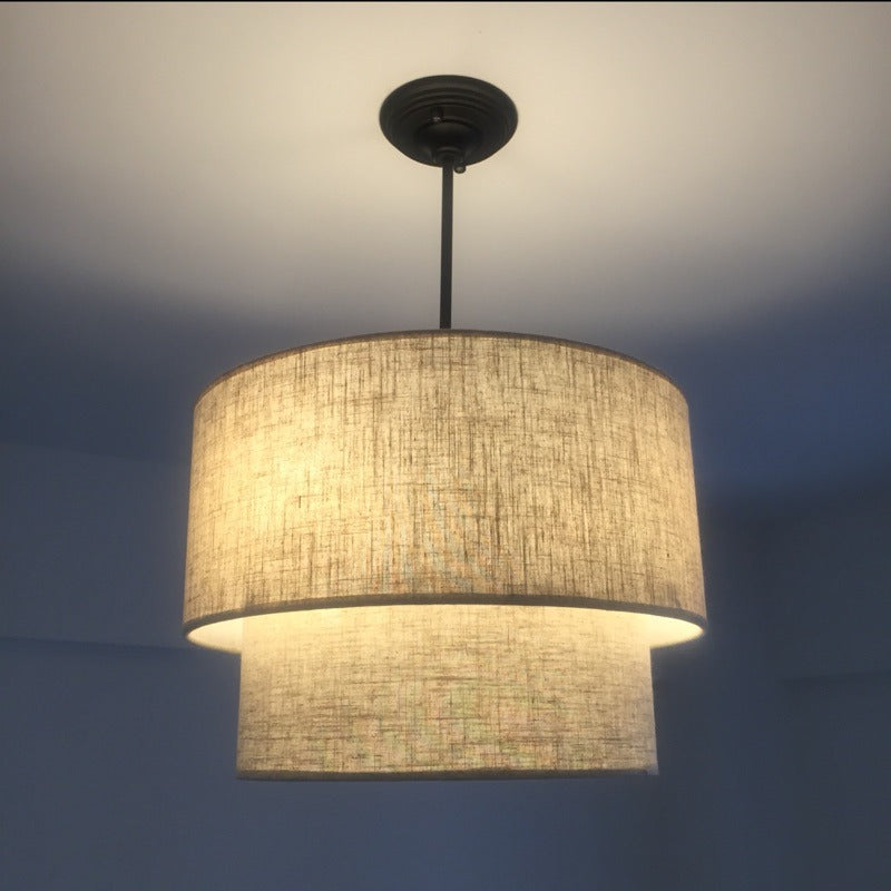 Double Fabric Drum Linen Pendant Lamp – Rustic Light for Dining Room