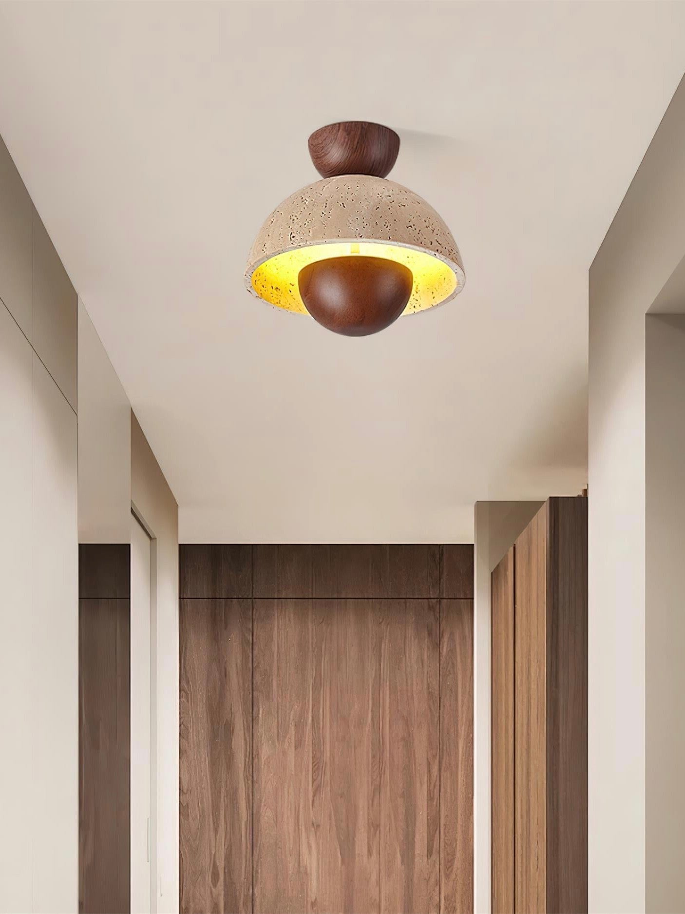 Wabi-Sabi Style Travertine and Wood Half-Sphere Ceiling Light