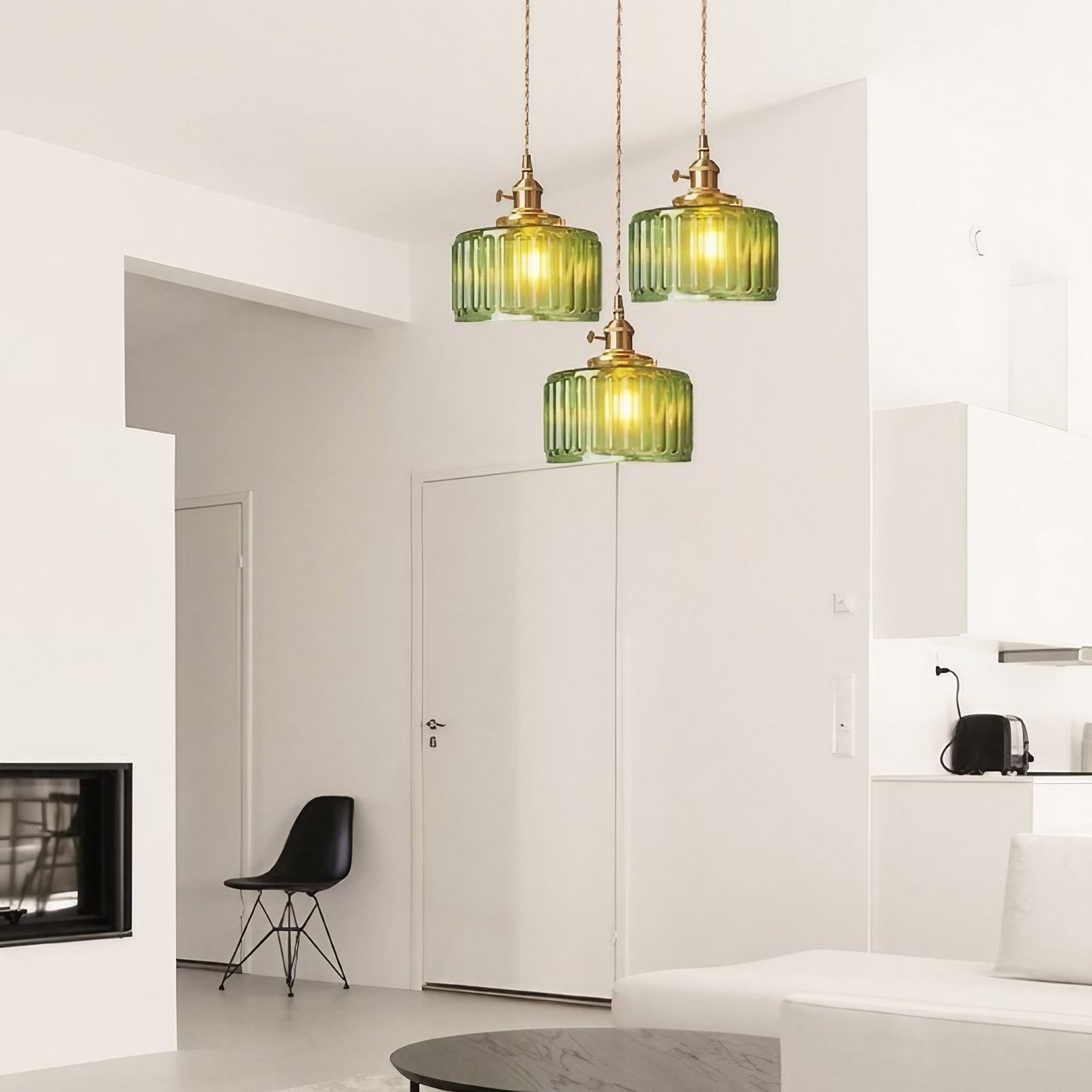 Vintage Wavy Green Glass Pendant Light – Cylinder Shade Hanging Lamp