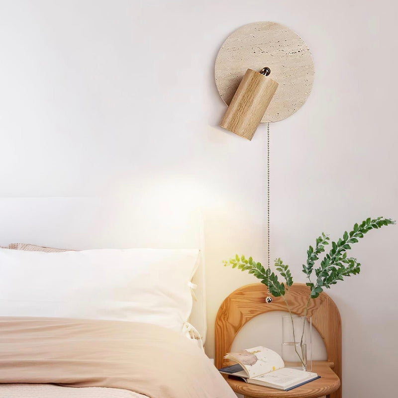 Wabi-Sabi Style Travertine Cylinder Wall Lamp with Pull-chain Switch