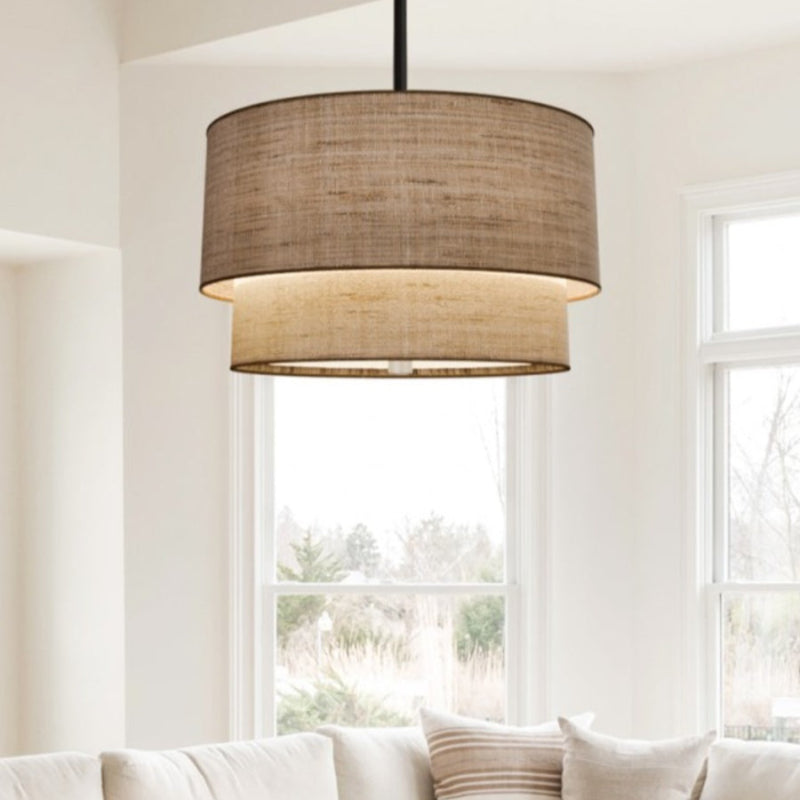 Double Fabric Drum Linen Pendant Lamp – Rustic Light for Dining Room