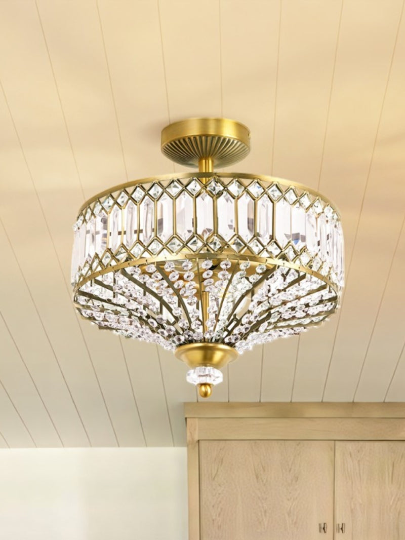 Luxury Crystal Wheeled Glass Pendant Light - Drum Semi Flush Chandelier