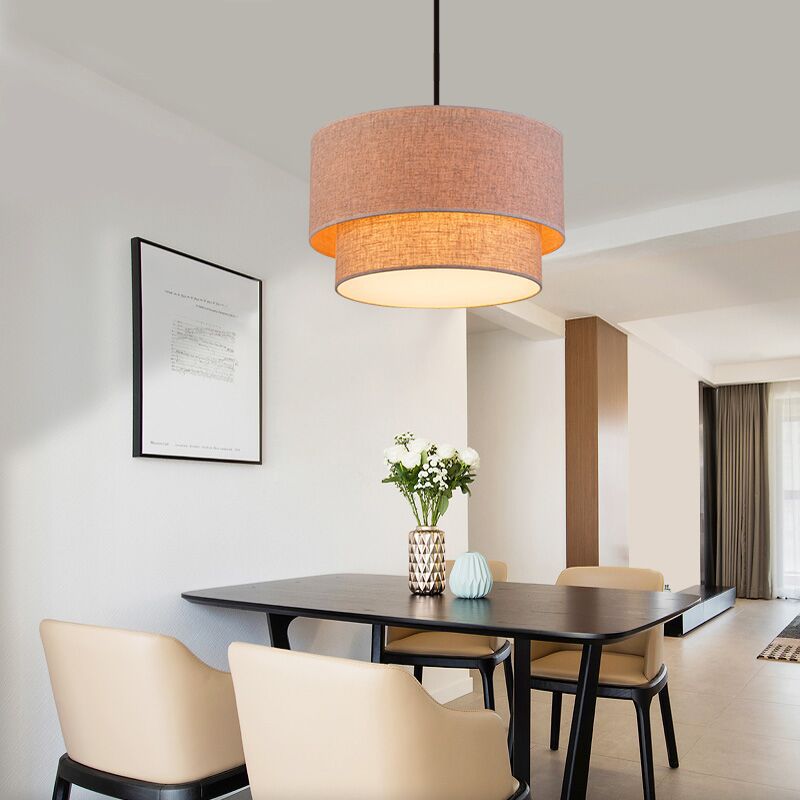 Double Fabric Drum Linen Pendant Lamp – Rustic Light for Dining Room