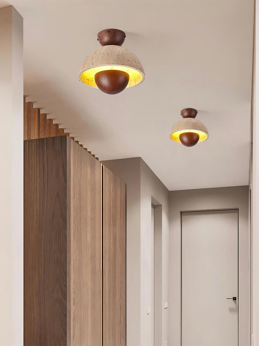 Wabi-Sabi Style Travertine and Wood Half-Sphere Ceiling Light