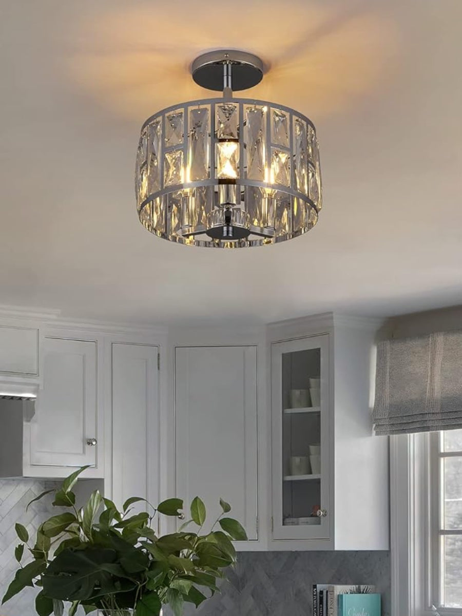 Industrial  Crystal Drum Ceiling Lamp - Entrance Glass Flush Mount Light