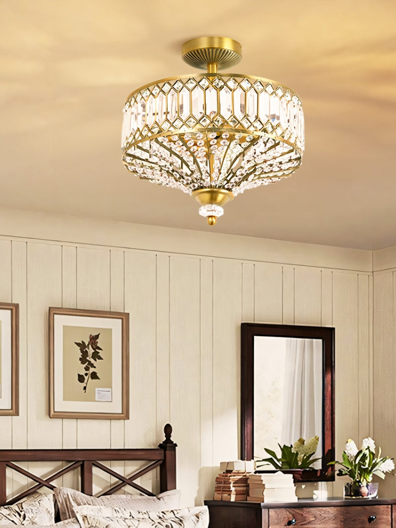 Luxury Crystal Wheeled Glass Pendant Light - Drum Semi Flush Chandelier