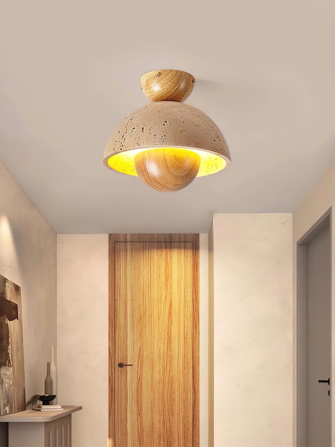 Wabi-Sabi Style Travertine and Wood Half-Sphere Ceiling Light