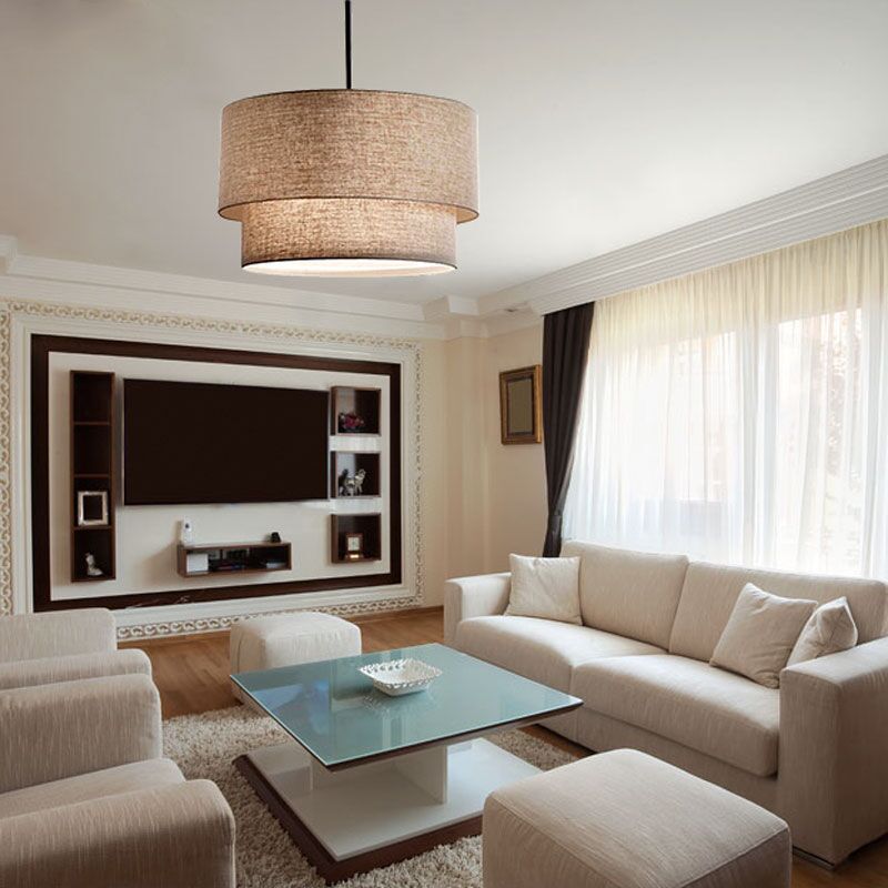 Double Fabric Drum Linen Pendant Lamp – Rustic Light for Dining Room