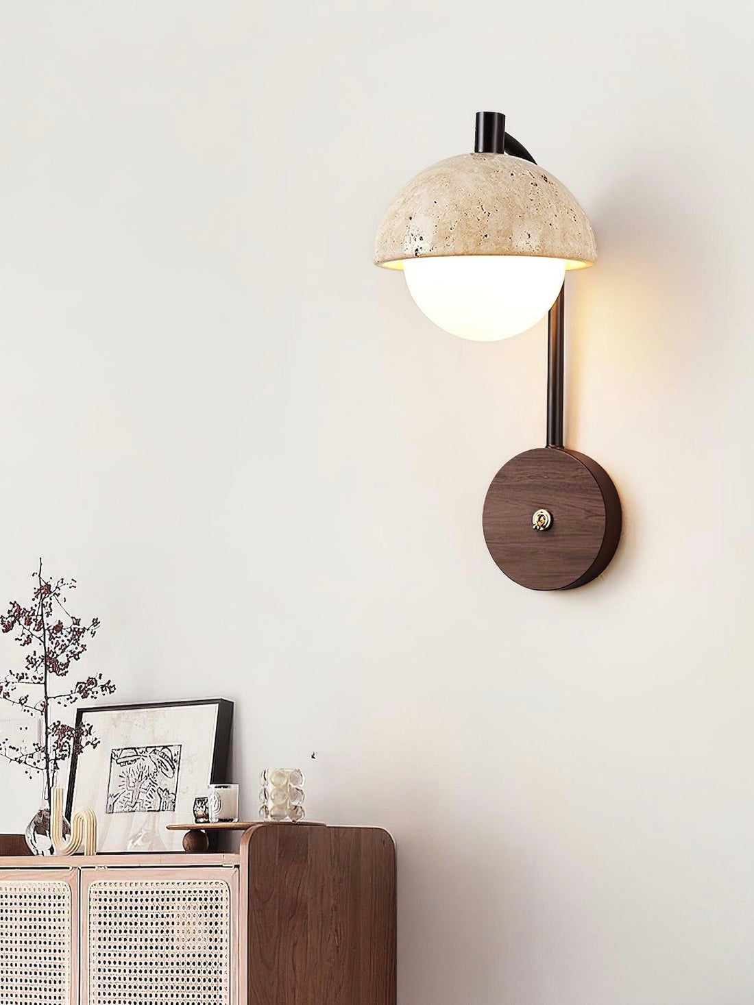 Wabi-Sabi Style Travertine Half-Sphere Design Wall Lamp for Living Rooms and Bedrooms