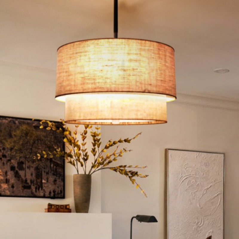 Double Fabric Drum Linen Pendant Lamp – Rustic Light for Dining Room