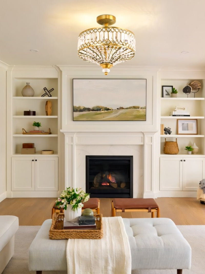 Luxury Crystal Wheeled Glass Pendant Light - Drum Semi Flush Chandelier